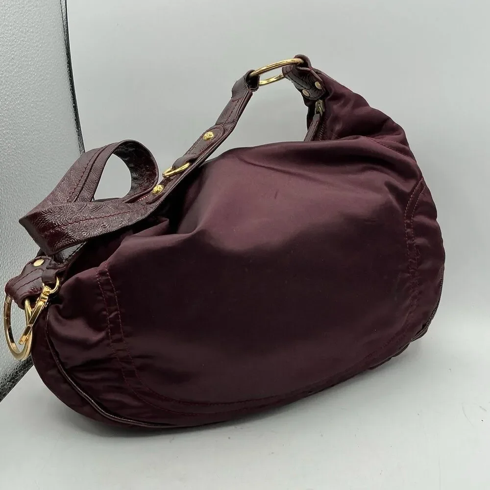 Tod’s Pashmy Burgundy Nylon Patent Leather Hobo Shoulder Bag Gold Hardware